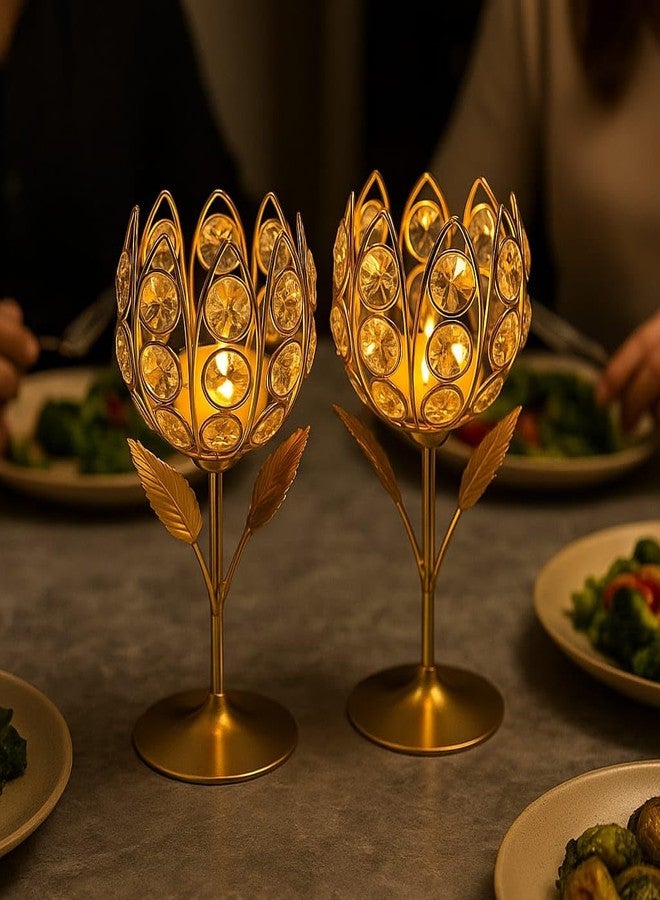 CentraLit حامل شموع الشاي الكريستالي الذهبي من سنتراليت، طقم من قطعتين، حامل شموع الشاي على شكل وردة، حامل شموع نذرية على شكل زهرة اللوتس، لتزيين المنزل، هدايا ديوالي ديا بوجا (طقم من قطعتين) - Image 2